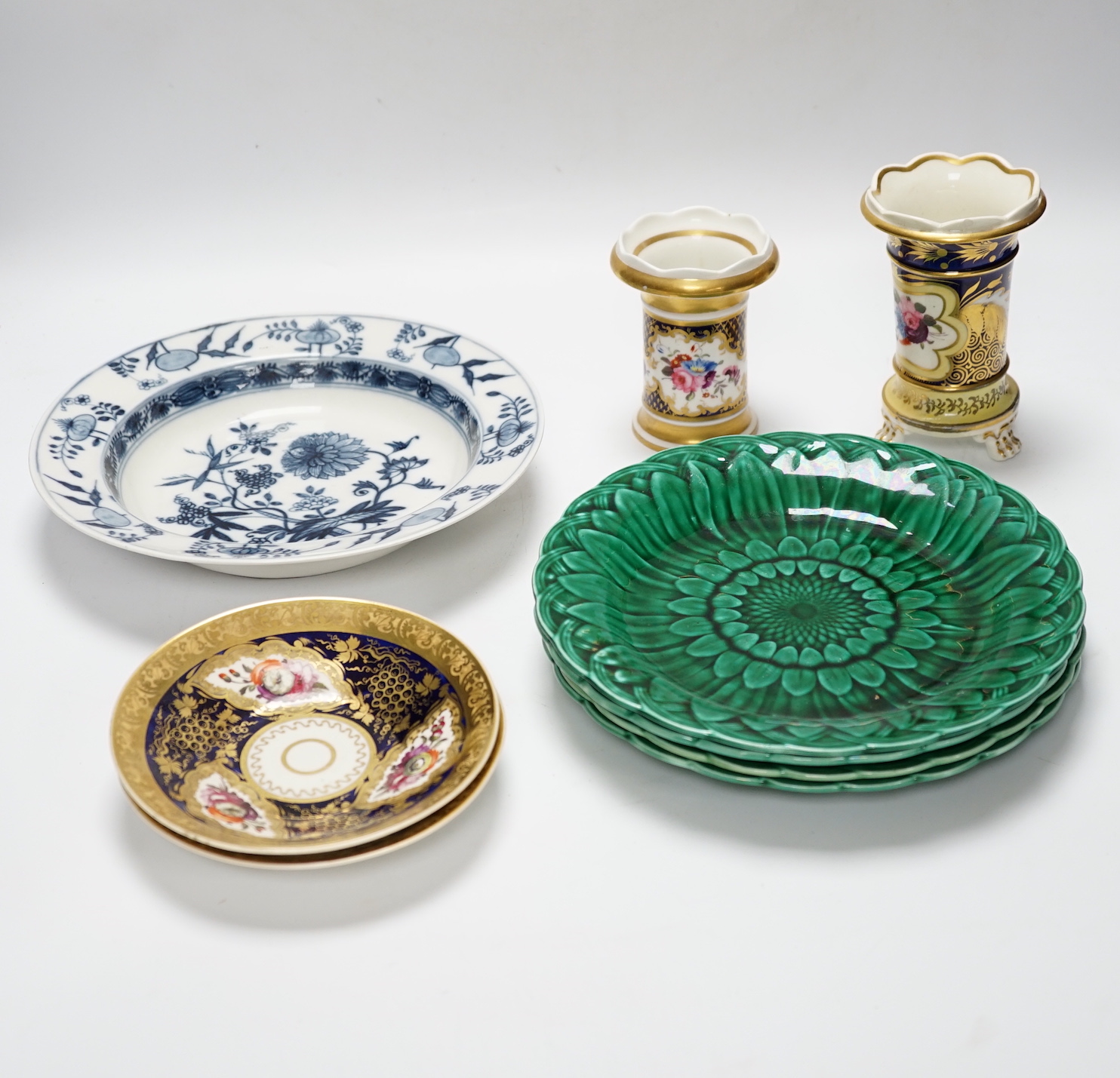 Four Victorian greenware plates, two Spode style vases, a pair of saucers and a blue and white plate